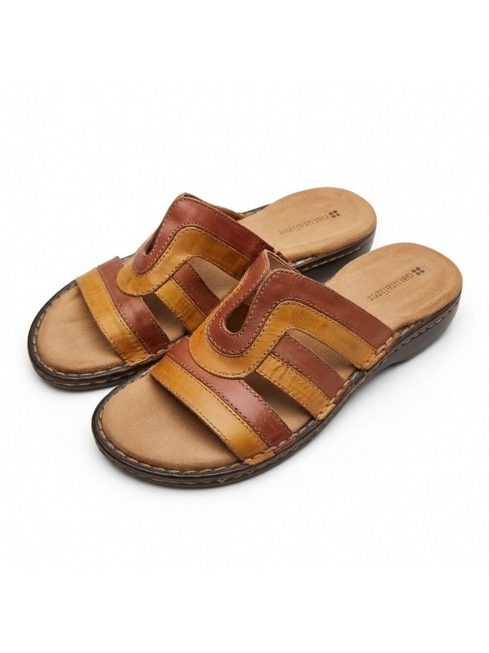 Naturalizer Casa Saddle Two-Tone Brown and Mustard Leather Slide Mules